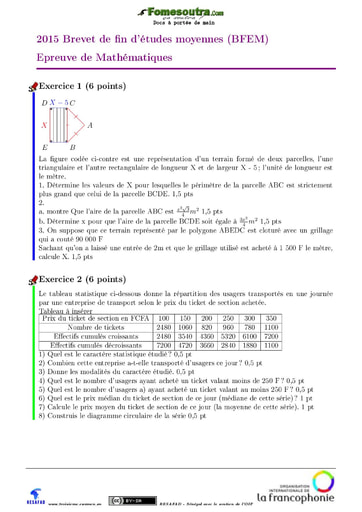 Sujet de Mathématiques BEPC 2015 - Sénégal