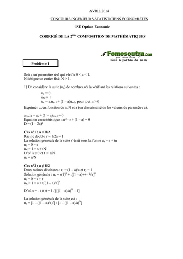 Corrigé 2ème épreuve de maths ISE option économie 2014 (ENSEA - ISSEA - ENSAE)