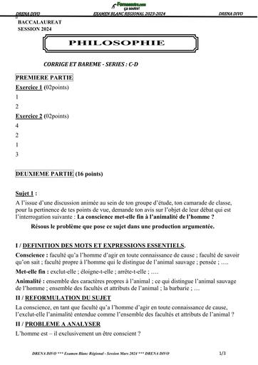 BAC BLANC 2024 PHILO SERIE CD CORRIGE DRENA DIVO