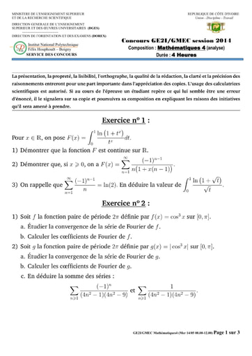 Sujet de Mathématique 4 concours GE2I/GMEC 2014