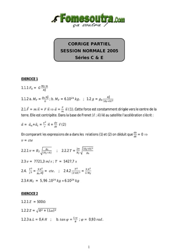 Corrigé de Physique-Chimie BAC C et E 2005