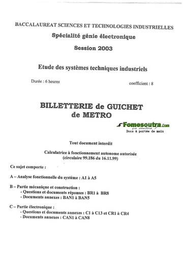 Sujet de Physique Appliquée - BAC Génie Électronique 2003