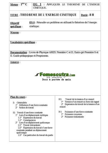 Théorème de l’énergie cinétique - Physiques 1ere C et D