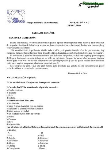 DEVOIR D'ESPAGNOL NIVEAU 2nde LA DESILUSION BY TEHUA