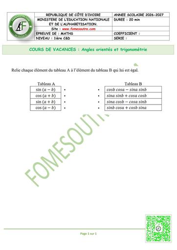 FICHE 3 MATHS 1ière C&D Angles orientés et trigonométrie by TEHUA