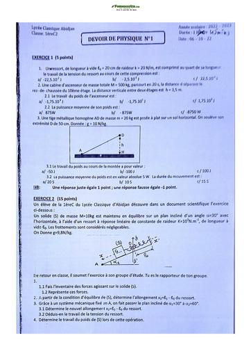 Sujet de Physique-Chimie Première C Lycée Classique Abidjan 23