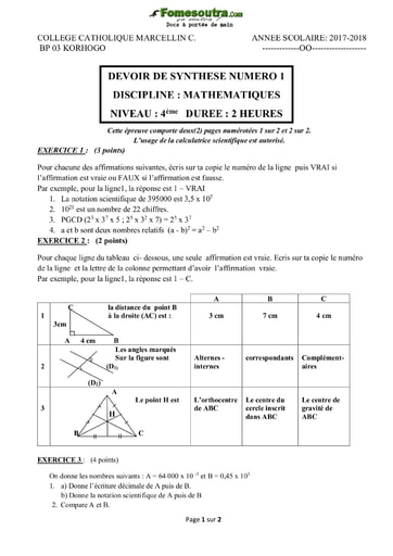 Devoir de Maths niveau 4eme - Collège Catholique M. Champagnat Korhogo