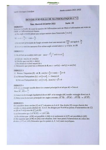 Sujets de mathématiques Première C Lycée Classique Abidjan 2022