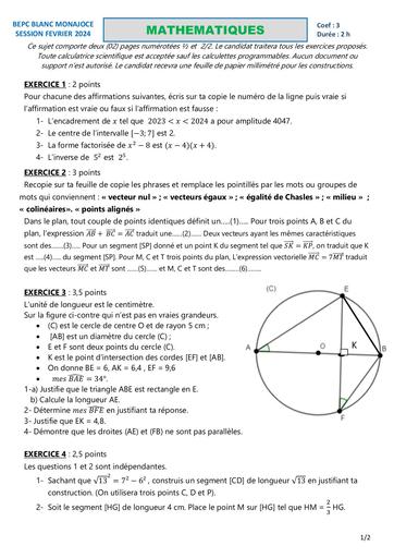 MATHEMATIQUES BEPC SESSION FEVRIER 2024 COLLEGE MONAJOCE by DJAHASHIKAN