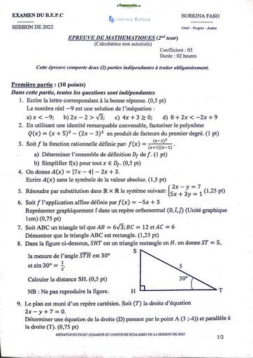 BEPC BURKINA 2022 Maths 2ième tour by TEHUA