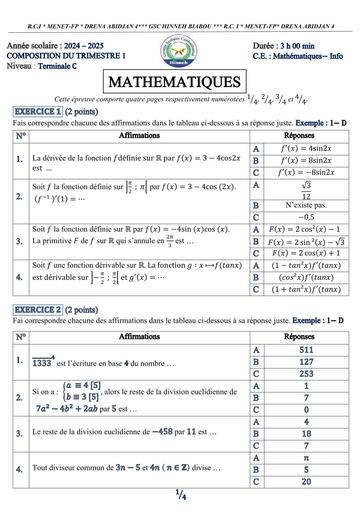 COMPOSITION DU TRIMESTRE 1 Maths Tle C Hinneh Biabou by Tehua