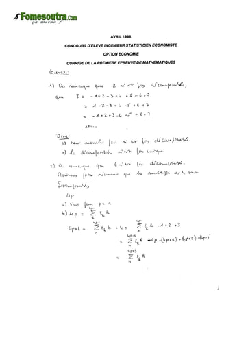 Corrigé 1ère épreuve de maths ISE option économie 1998 (ENSEA)