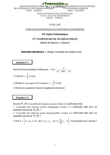 Sujet et Corrigé 2ème épreuve de maths ISE option maths 2017 (ENSEA - ISSEA - ENSAE)