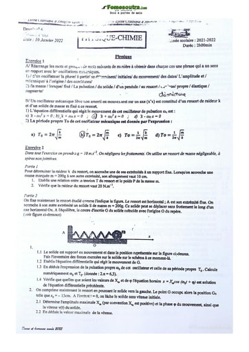 Devoir surveillé de Physique-Chimie Terminale D Lycée Classique Abidjan 21-22