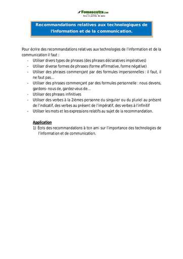 Recommandations relatives aux technologiques de  l’information et de la communication - Cours Exploitation Écrite CM1