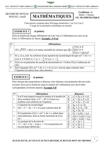 DEVOIR DE NIVEAU MATHS 1ière D TRIMESTRE 2 BOCABO BY TEHUA