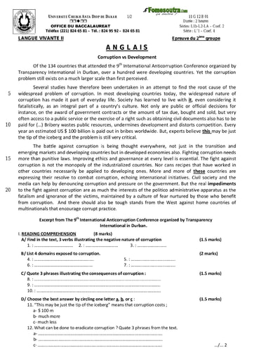 Sujet d'Anglais BAC L1 L2 2011 - Sénégal