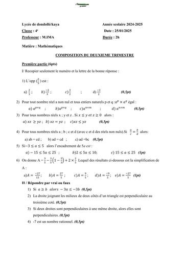DEVOIR DE MATHS NIVEAU 4ième TRIMESTRE 2 LYCEE DE KAYA 2025 BY TEHUA