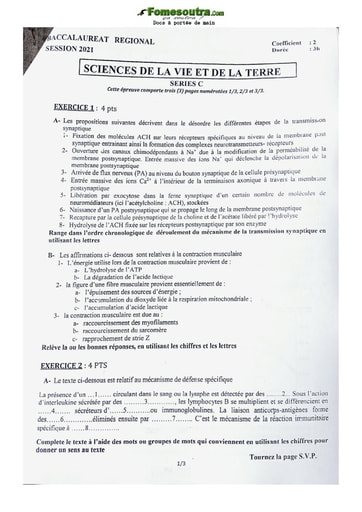 Sujet de SVT du BAC Régional   série C