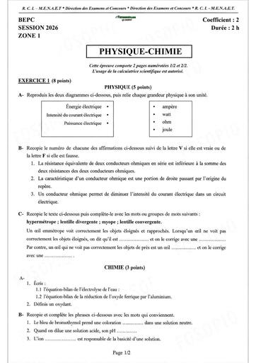 Bepc 2026 PC zone 1 sujet by Tehua