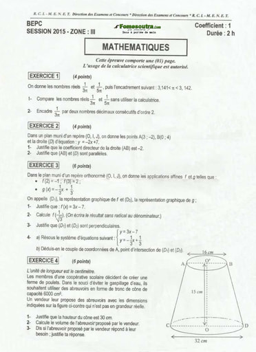 Sujet de mathématique BEPC 2015 Zone 3