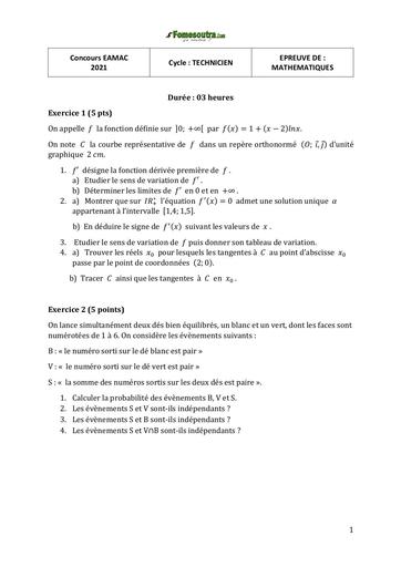 Concours EAMAC 2021 Maths Technicien by Tehua
