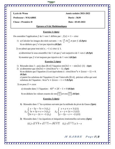 DEVOIR DE MATHS NIVEAU 1ière D LYCEE DE WON 2022 BY TEHUA