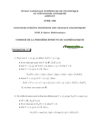 Corrigé 1ère épreuve de maths ITS B option Maths 1998 (ENSEA)