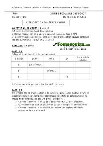 Interrogation 24 de Chimie niveau Terminale D