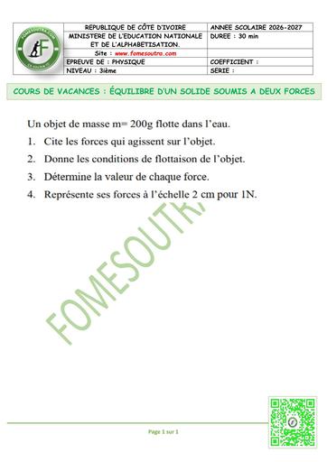 FICHE 2 PC 3ième L3 ÉQUILIBRE D’UN SOLIDE SOUMIS A DEUX FORCES by TEHUA