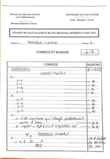 Corrigé BAC Blanc regional 2023 PC drena Bassam serie D by Tehua