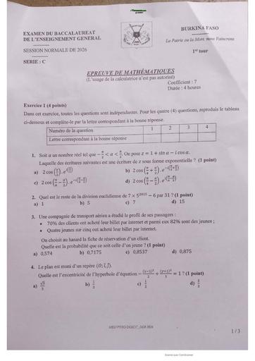 BAC BURKINA ÉPREUVE DE MATHS SERIE C 1er TOUR by TEHUA