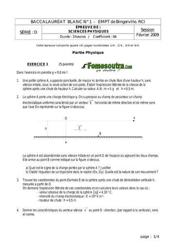 Sujet de Physique-Chimie BAC blanc 2009 série D EMPT Bingerville