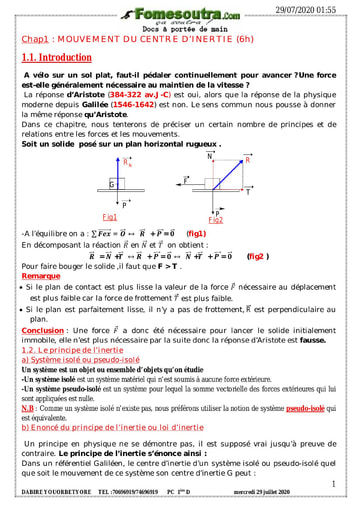 Chapitre 1 : Mouvement de centre d'inertie(6h)