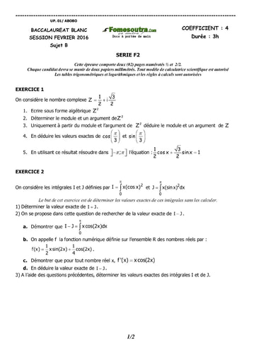 Sujet (B) de Maths BAC blanc 2016 serie F2 - UP Abobo