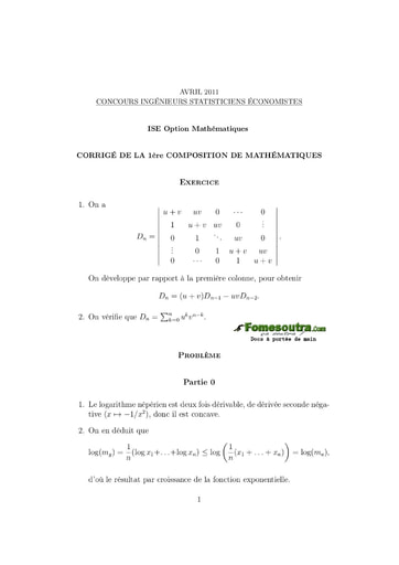 Corrigé Sujet 1ère épreuve de maths ISE option maths 2011 (ENSEA - ISSEA - ENSAE)