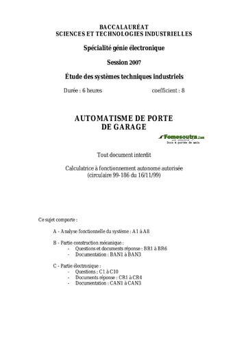 Présentation du Sujet Automatisme de porte de garage - Étude des Systèmes Techniques Industriels - BAC 2007