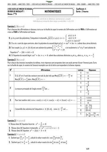 DEVOIR DE MATHS NIVEAU 1ière D LKLV DE MEAGUI DRENA SOUBRE 2026 BY TEHUA