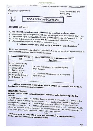 Sujet de SVT niveau Première D Lycée Classique Abidjan 2022-2023