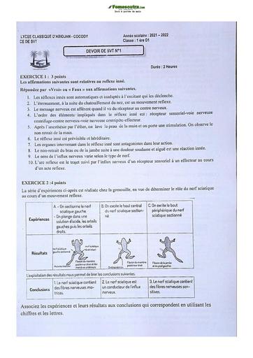 Sujet de SVT niveau Première D Lycée Classique Abidjan 2022