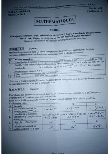 Sujet BAC Maths Terminale D session 2022