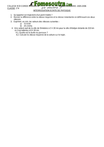 Interrogation 1 de Physique niveau 2nd A