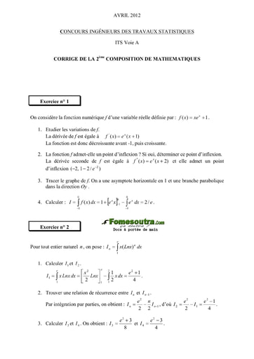 Corrigé 2ème épreuve de maths ITS A 2012 (ENSAE - ISSEA)