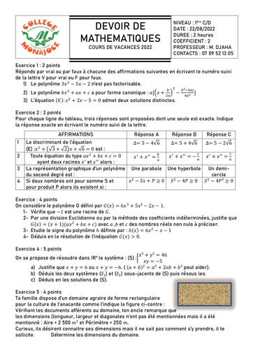 DEVOIR MATHS 1ere D CV 2022 by DJAHASHIKAN