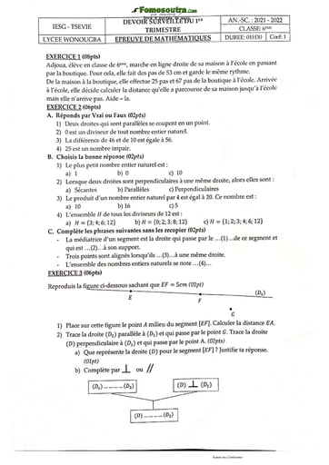 Compilation de devoirs de Mathématiques 6eme 5eme 3eme - Lycee DE Wonougba - Année scolaire 2021-2022