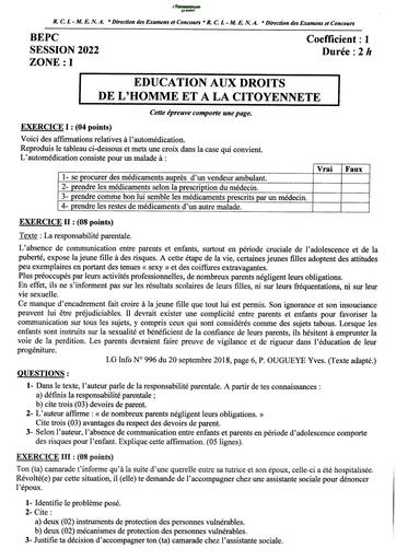 BEPC SEESION 2022 ZONE 1 SUJET EDHC AVEC BAREME BY TEHUA