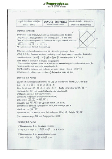 Devoir de Mathématique Première C 2020-2021