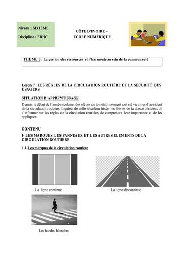 EDHC 6ème L7 LES RÈGLES DE LA CIRCULATION ROUTIÈRE ET LA SÉCURITÉ DES USAGERS