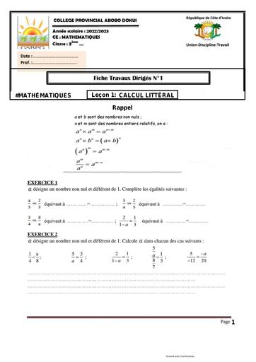 Fiche travaux dirigés 1 Mathematiques collége Provincial by Tehua fich calcul litt.pdf