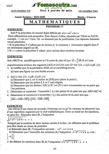 Collection de Devoirs de Mathématiques niveau Première C - Lycée Scientifique Yamoussoukro